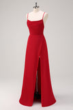 Dark Red Spaghetti Straps A Line Bridesmaid Dress with Slit