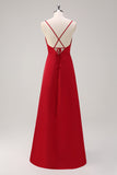 Dark Red Spaghetti Straps A Line Bridesmaid Dress with Slit