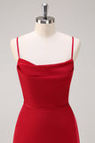 Dark Red Spaghetti Straps A Line Bridesmaid Dress with Slit