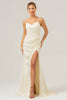 Load image into Gallery viewer, Ivory Sheath Spaghetti Straps Ruched Long Satin Bridesmaid Dress With Slit