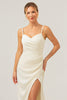 Load image into Gallery viewer, Ivory Sheath Spaghetti Straps Ruched Long Satin Bridesmaid Dress With Slit