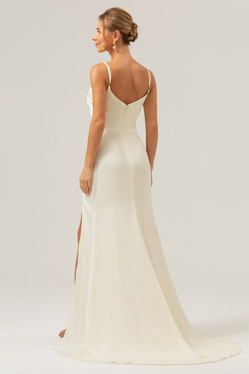 Load image into Gallery viewer, Ivory Sheath Spaghetti Straps Ruched Long Satin Bridesmaid Dress With Slit