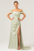 Load image into Gallery viewer, Sage Mermaid Off The Shoulder Pleated Satin Bridesmaid Dress with Slit