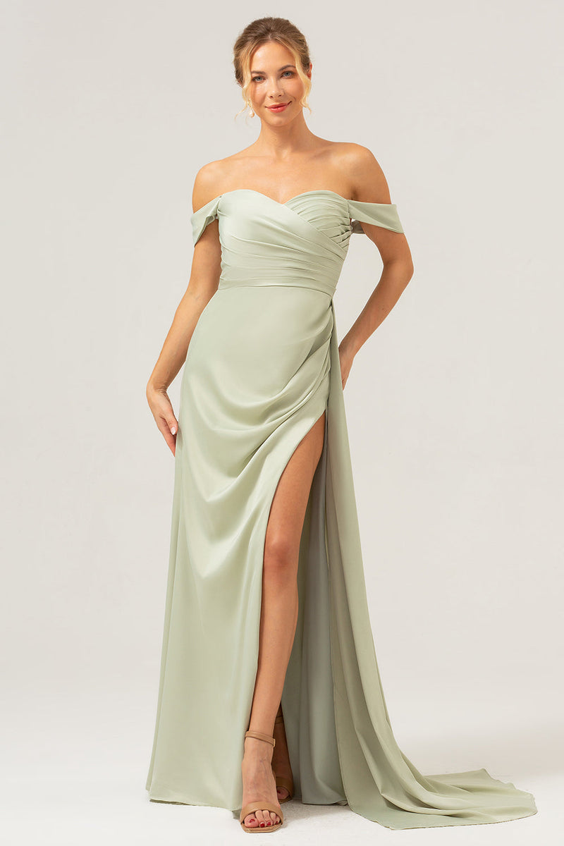 Load image into Gallery viewer, Sage Mermaid Off The Shoulder Pleated Satin Bridesmaid Dress with Slit