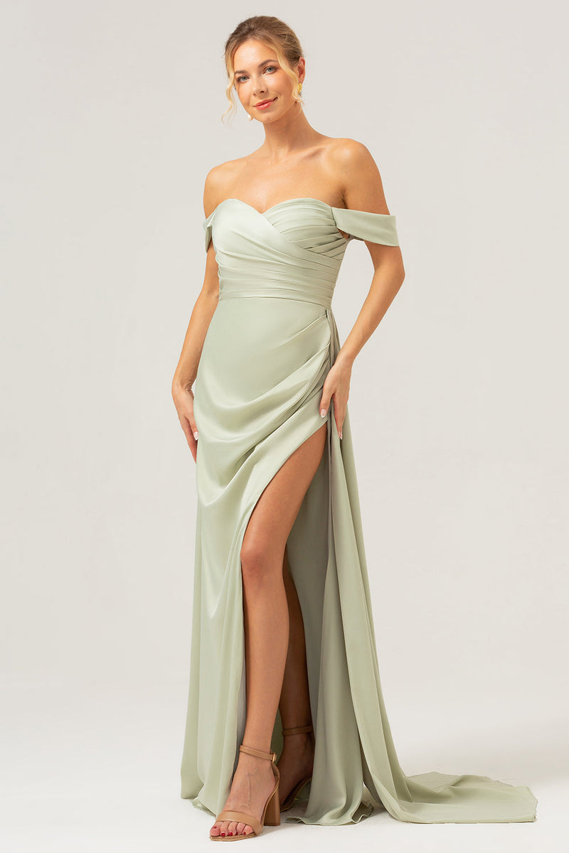 Load image into Gallery viewer, Sage Mermaid Off The Shoulder Pleated Satin Bridesmaid Dress with Slit