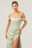 Load image into Gallery viewer, Sage Mermaid Off The Shoulder Pleated Satin Bridesmaid Dress with Slit