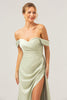 Load image into Gallery viewer, Sage Mermaid Off The Shoulder Pleated Satin Bridesmaid Dress with Slit