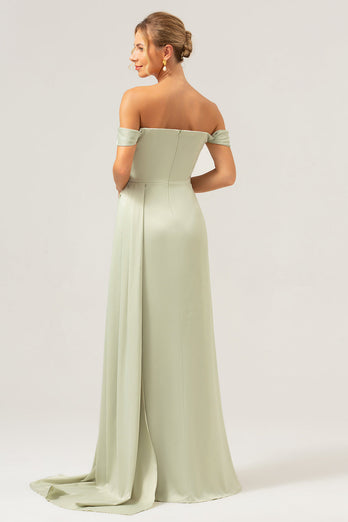 Sage Mermaid Off The Shoulder Pleated Satin Bridesmaid Dress with Slit