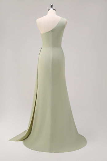 Sage One Shoulder Satin Side Streamer Mermaid Bridesmaid Dress with Slit