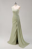 Load image into Gallery viewer, Sage One Shoulder Satin Side Streamer Mermaid Bridesmaid Dress with Slit