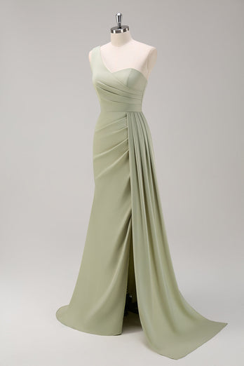 Sage One Shoulder Satin Side Streamer Mermaid Bridesmaid Dress with Slit