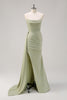 Load image into Gallery viewer, Sage Strapless Mermaid Satin Long Bridesmaid Dress with Slit