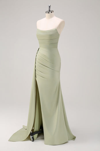 Sage Strapless Mermaid Satin Long Bridesmaid Dress with Slit