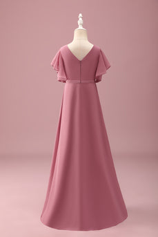 Desert Rose Chiffon Batwing Sleeves A Line Ruffled Junior Bridesmaid Dress