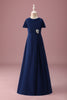 Load image into Gallery viewer, Navy Round Neck A Line Junior Bridesmaid Dress With Short Sleeves