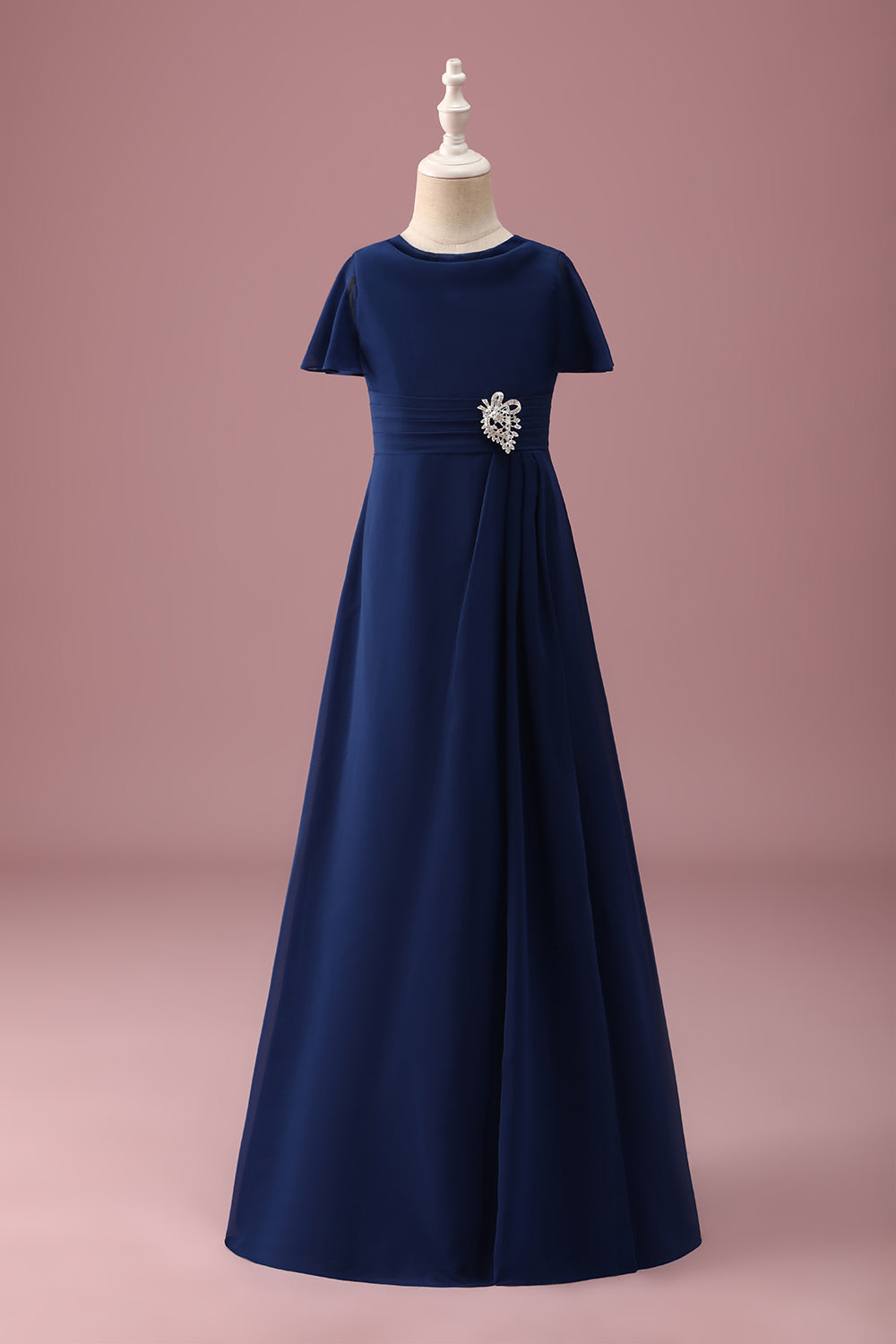 Navy Round Neck A Line Junior Bridesmaid Dress With Short Sleeves