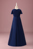 Load image into Gallery viewer, Navy Round Neck A Line Junior Bridesmaid Dress With Short Sleeves