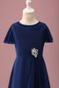 Load image into Gallery viewer, Navy Round Neck A Line Junior Bridesmaid Dress With Short Sleeves