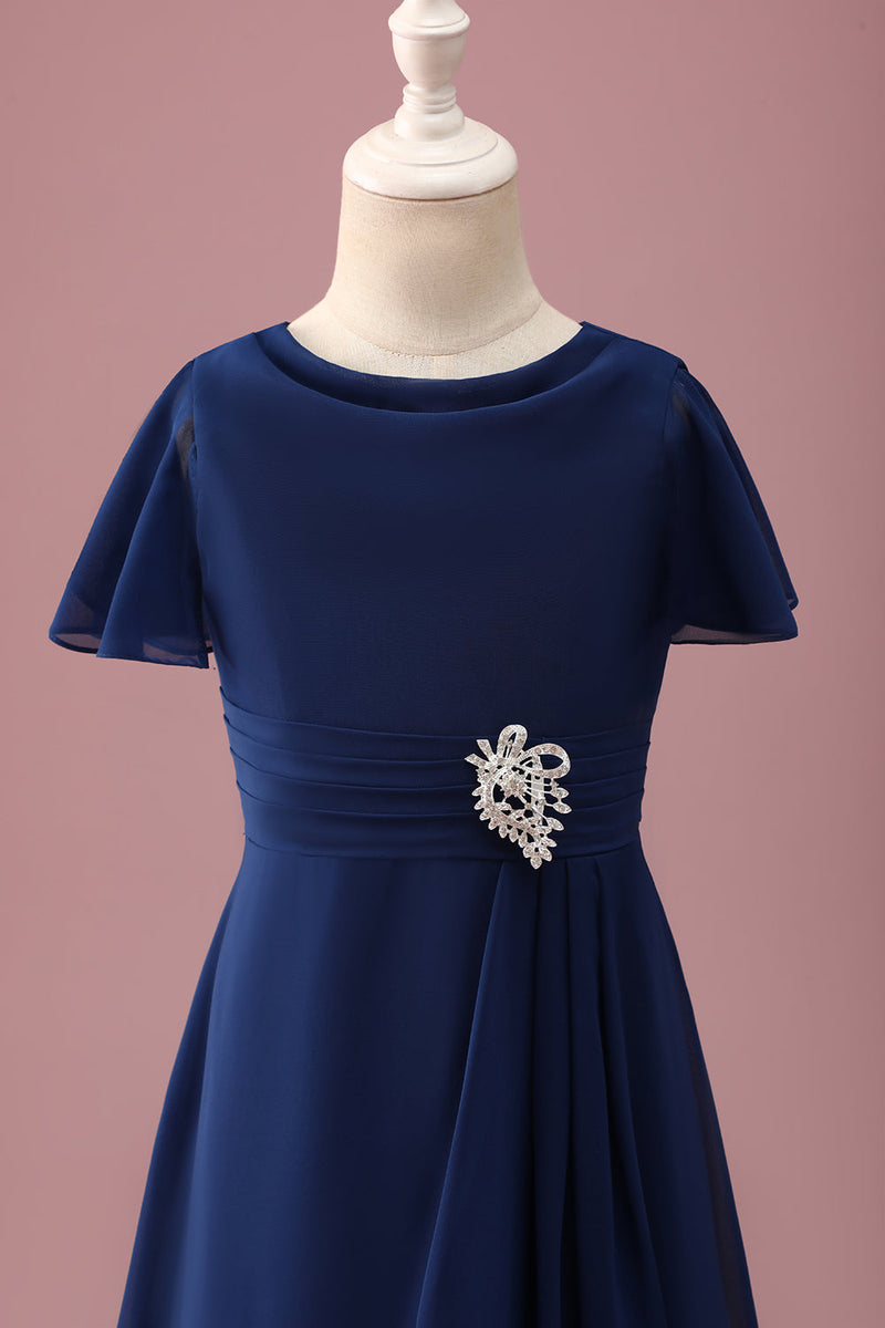 Load image into Gallery viewer, Navy Round Neck A Line Junior Bridesmaid Dress With Short Sleeves