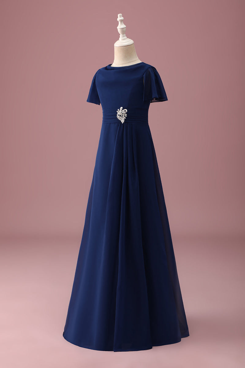 Load image into Gallery viewer, Navy Round Neck A Line Junior Bridesmaid Dress With Short Sleeves