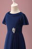 Load image into Gallery viewer, Navy Round Neck A Line Junior Bridesmaid Dress With Short Sleeves