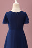 Load image into Gallery viewer, Navy Round Neck A Line Junior Bridesmaid Dress With Short Sleeves