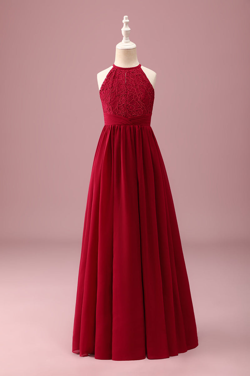 Load image into Gallery viewer, Burgundy A Line Round Neck Sleeveless Junior Bridesmaid Dress