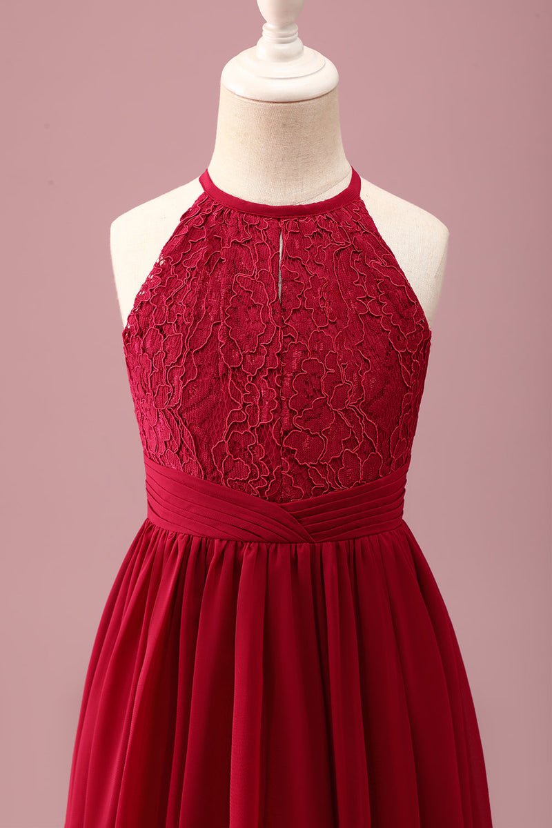 Load image into Gallery viewer, Burgundy A Line Round Neck Sleeveless Junior Bridesmaid Dress