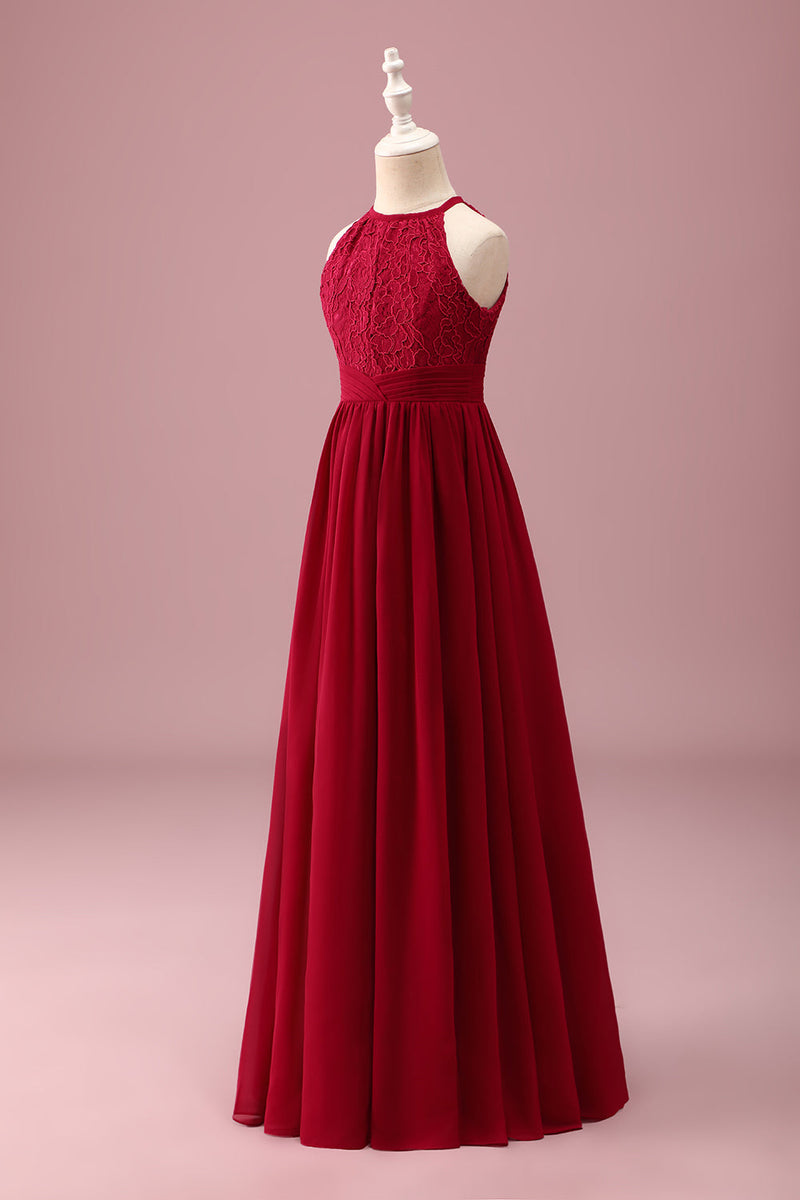 Load image into Gallery viewer, Burgundy A Line Round Neck Sleeveless Junior Bridesmaid Dress