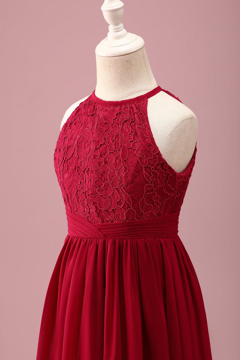 Load image into Gallery viewer, Burgundy A Line Round Neck Sleeveless Junior Bridesmaid Dress