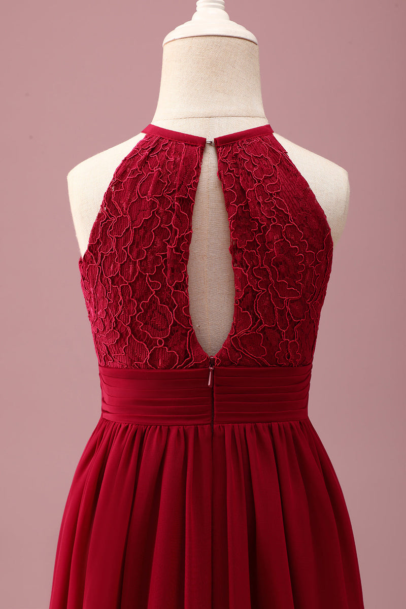 Load image into Gallery viewer, Burgundy A Line Round Neck Sleeveless Junior Bridesmaid Dress