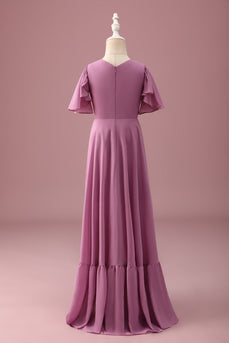 Vintage Mauve A Line Ruched Chiffon Junior Bridesmaid Dress With Short Sleeves