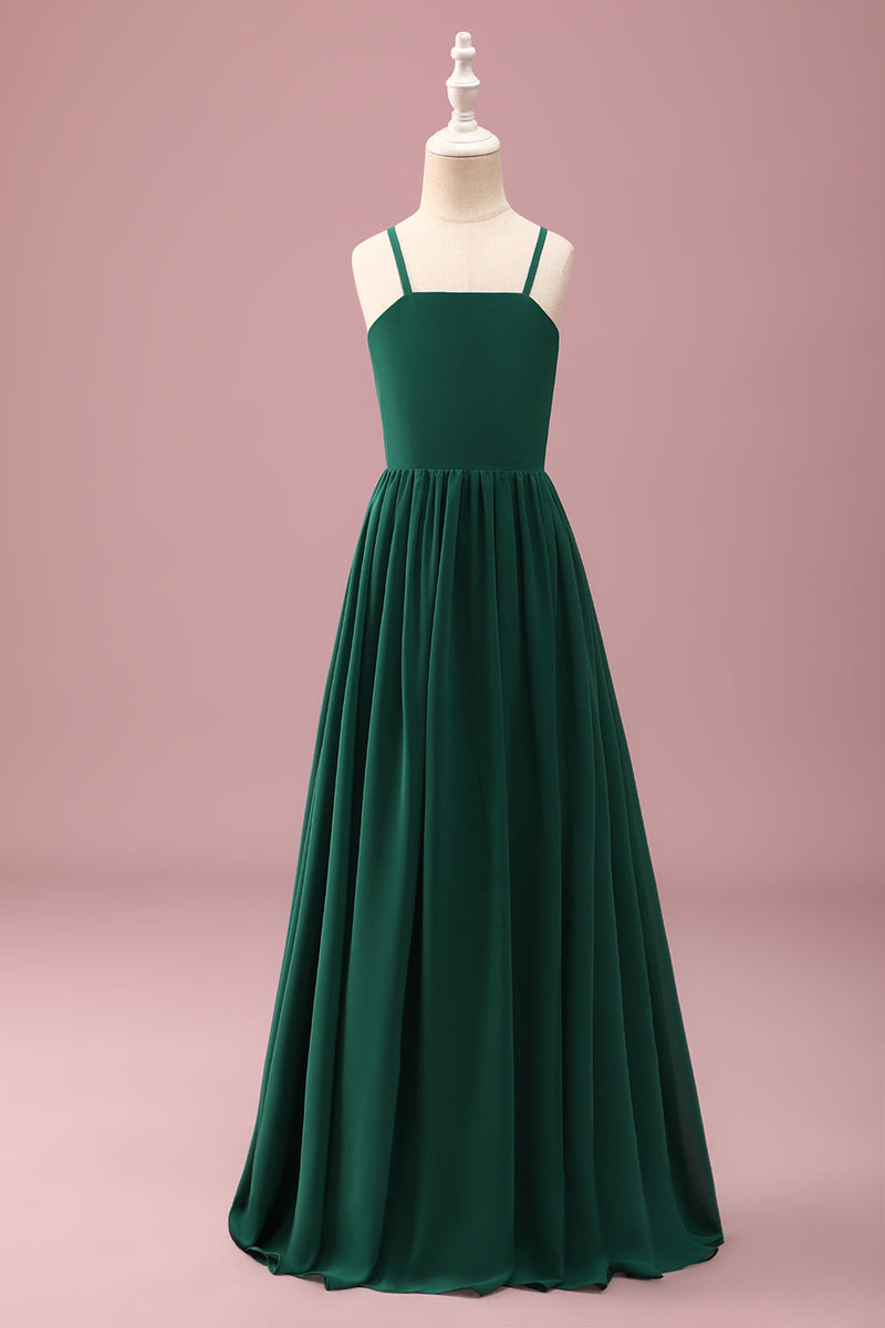 Load image into Gallery viewer, Dark Green A Line Ruched Spaghetti Straps Junior Bridesmaid Dress