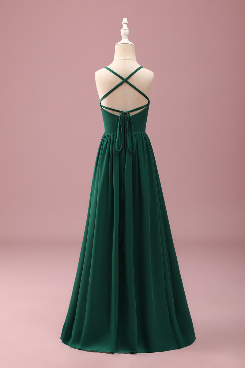 Load image into Gallery viewer, Dark Green A Line Ruched Spaghetti Straps Junior Bridesmaid Dress