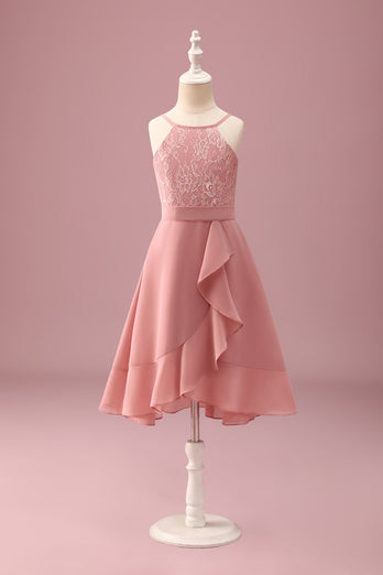 Blush Halter Neck A-Line Chiffon Junior Bridesmaid Dress with Ruffles