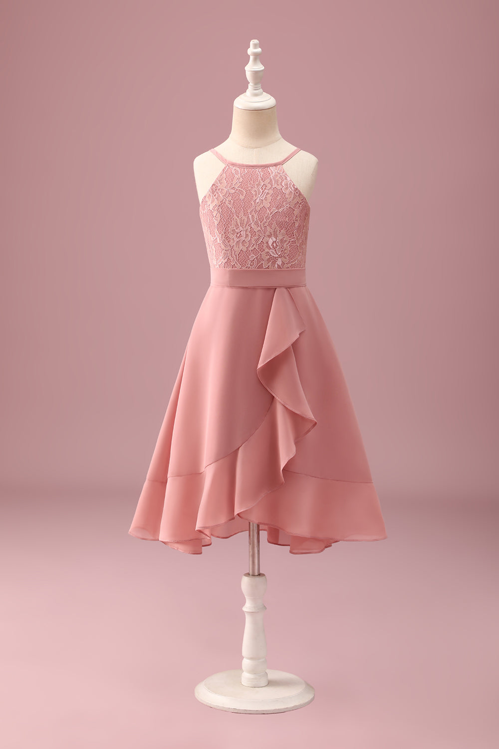 Blush Halter Neck A-Line Chiffon Junior Bridesmaid Dress with Ruffles