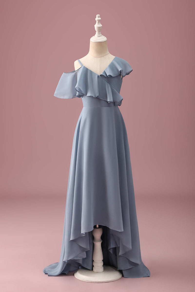 Load image into Gallery viewer, Grey Blue V-Neck A-Line Chiffon High Low Junior Bridesmaid Dress