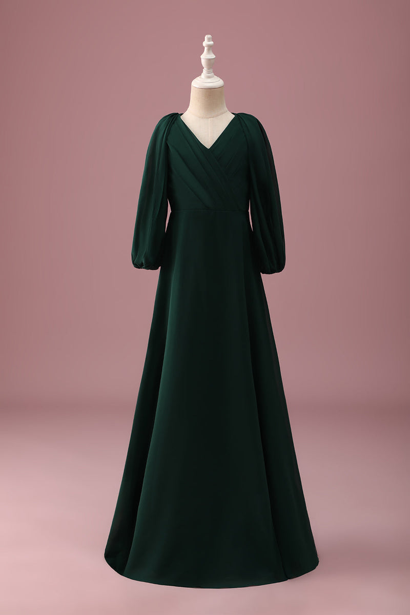 Load image into Gallery viewer, Pine Green A-Line V-Neck Chiffon Junior Bridesmaid Dress with Long Sleeves