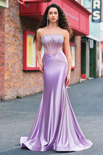 Purple Beaded Mermaid Corset Strapless Long Prom Dress