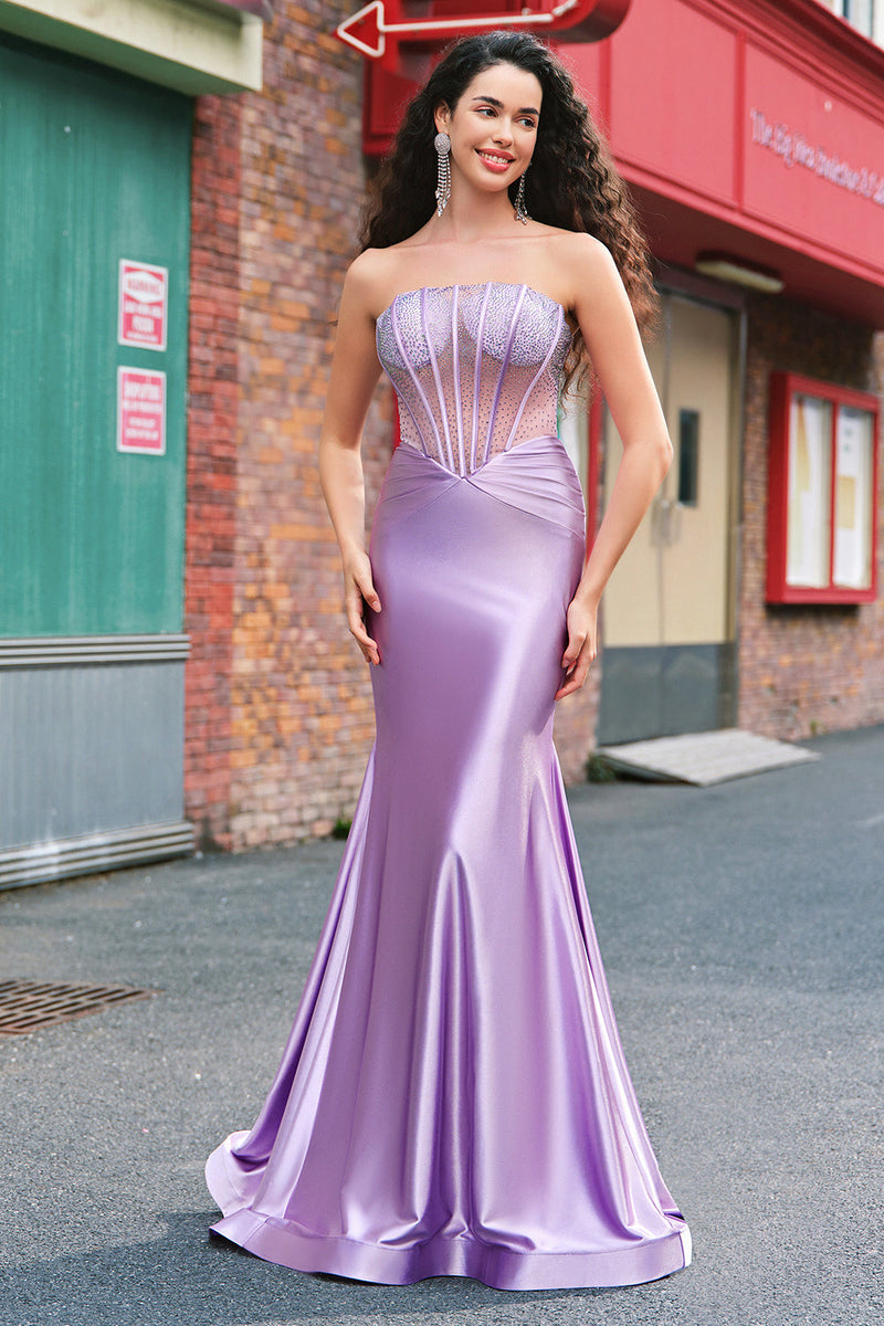 Load image into Gallery viewer, Purple Beaded Mermaid Corset Strapless Long Prom Dress