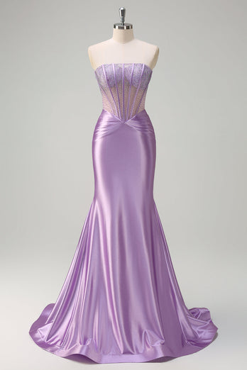 Lilac Mermaid Strapless Sheer Corset Long Prom Dress with Beading