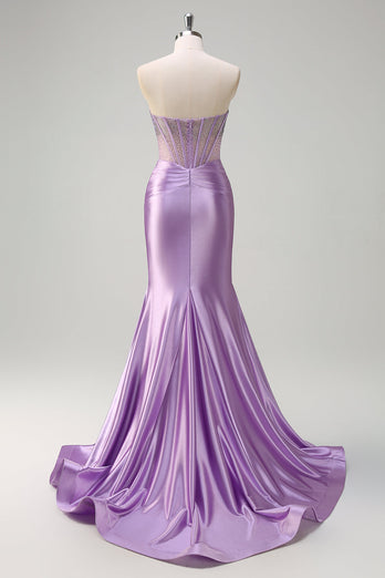 Lilac Mermaid Strapless Sheer Corset Long Prom Dress with Beading