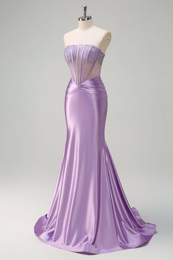 Lilac Mermaid Strapless Sheer Corset Long Prom Dress with Beading