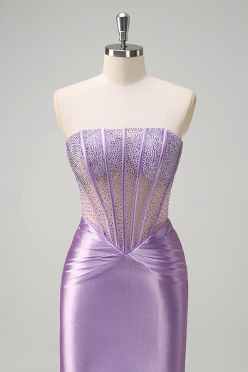 Lilac Mermaid Strapless Sheer Corset Long Prom Dress with Beading