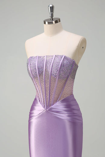 Lilac Mermaid Strapless Sheer Corset Long Prom Dress with Beading