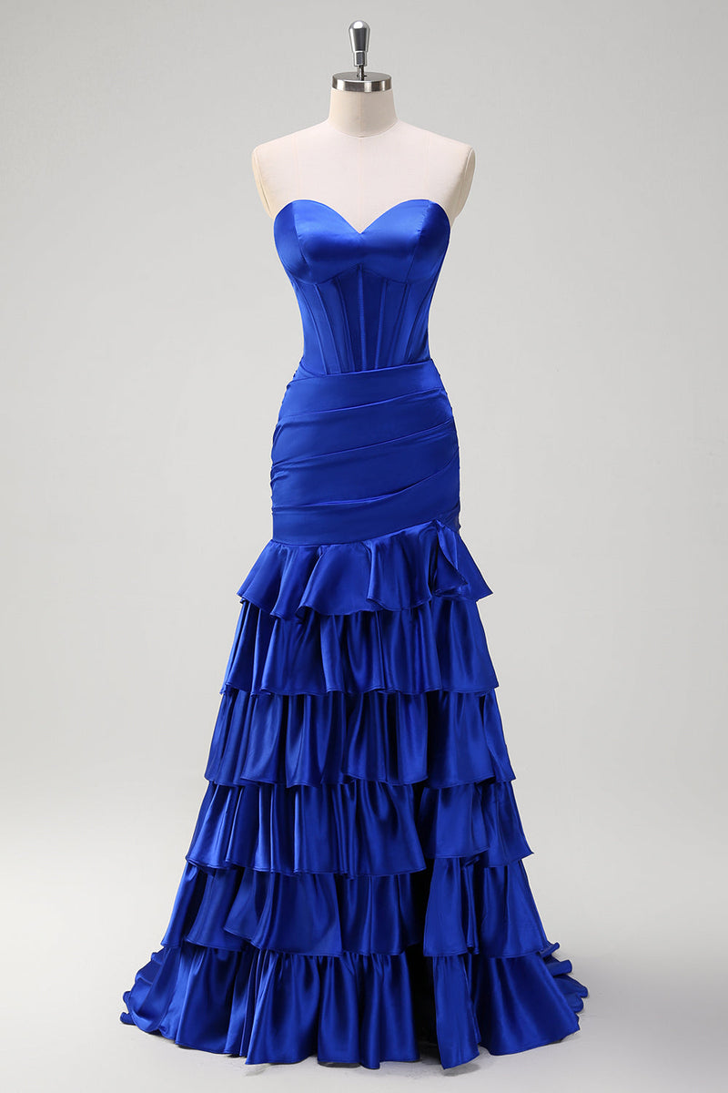 Load image into Gallery viewer, Royal Blue Mermaid Strapless Corset Tiered Prom Dress