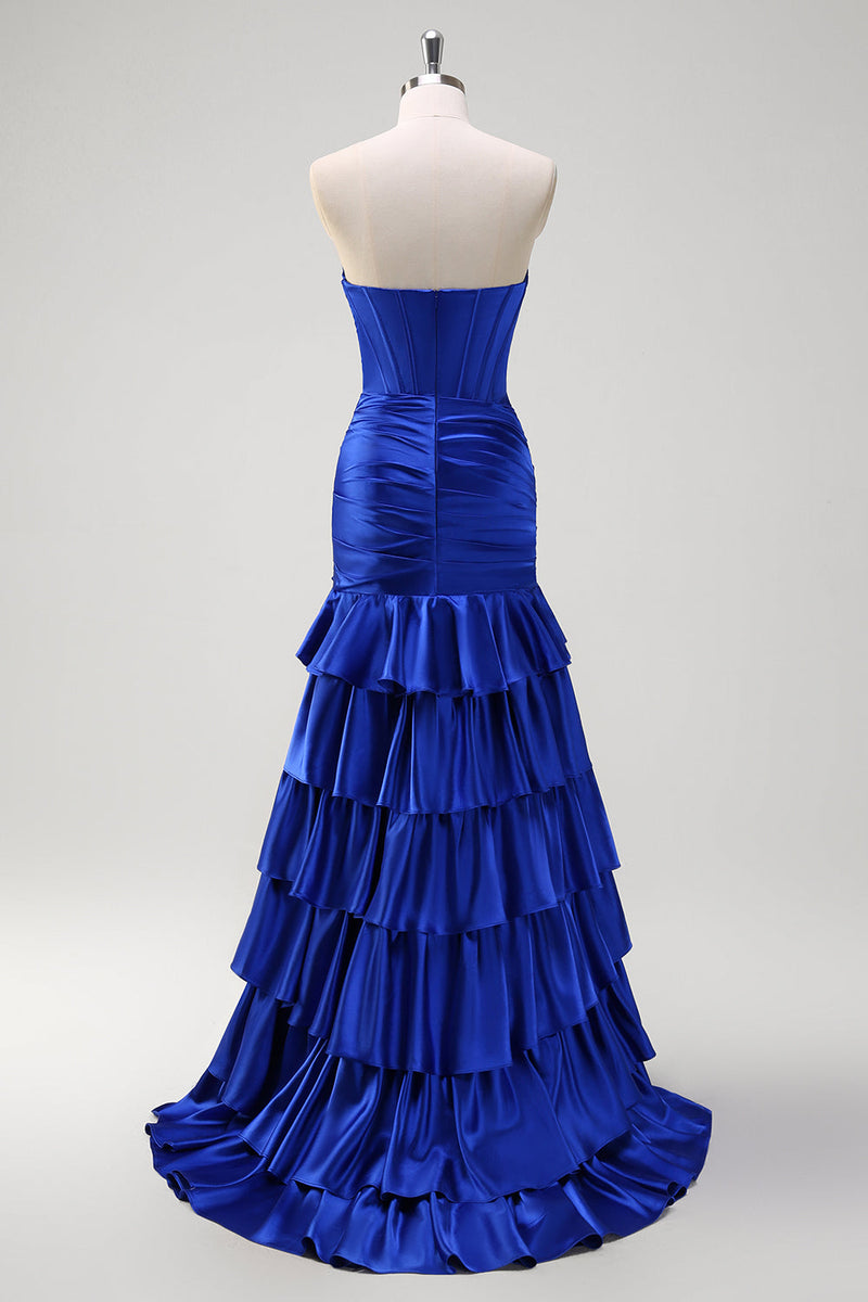 Load image into Gallery viewer, Royal Blue Mermaid Strapless Corset Tiered Prom Dress