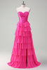 Load image into Gallery viewer, Fuchsia A Line Strapless Corset Tiered Prom Dress with Ruffles