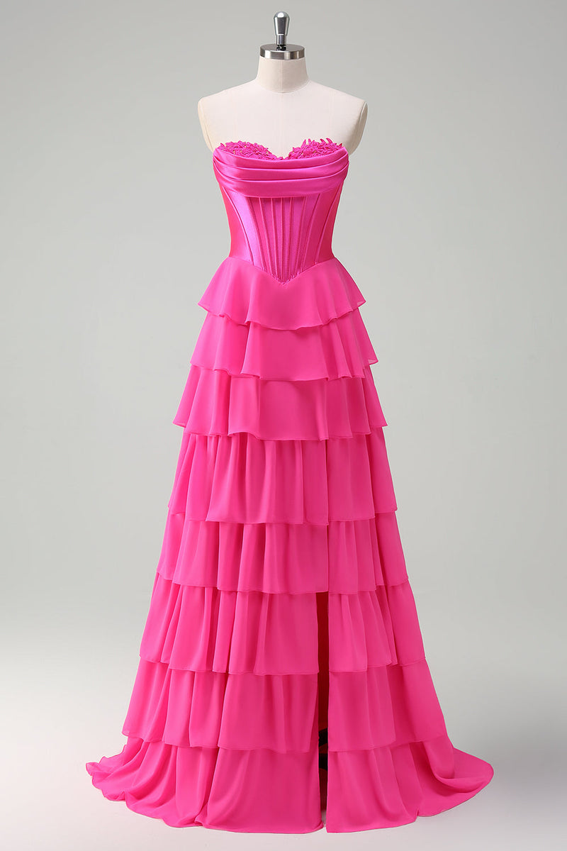 Load image into Gallery viewer, Fuchsia A Line Strapless Corset Tiered Prom Dress with Ruffles