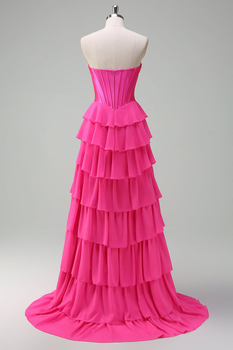 Load image into Gallery viewer, Fuchsia A Line Strapless Corset Tiered Prom Dress with Ruffles